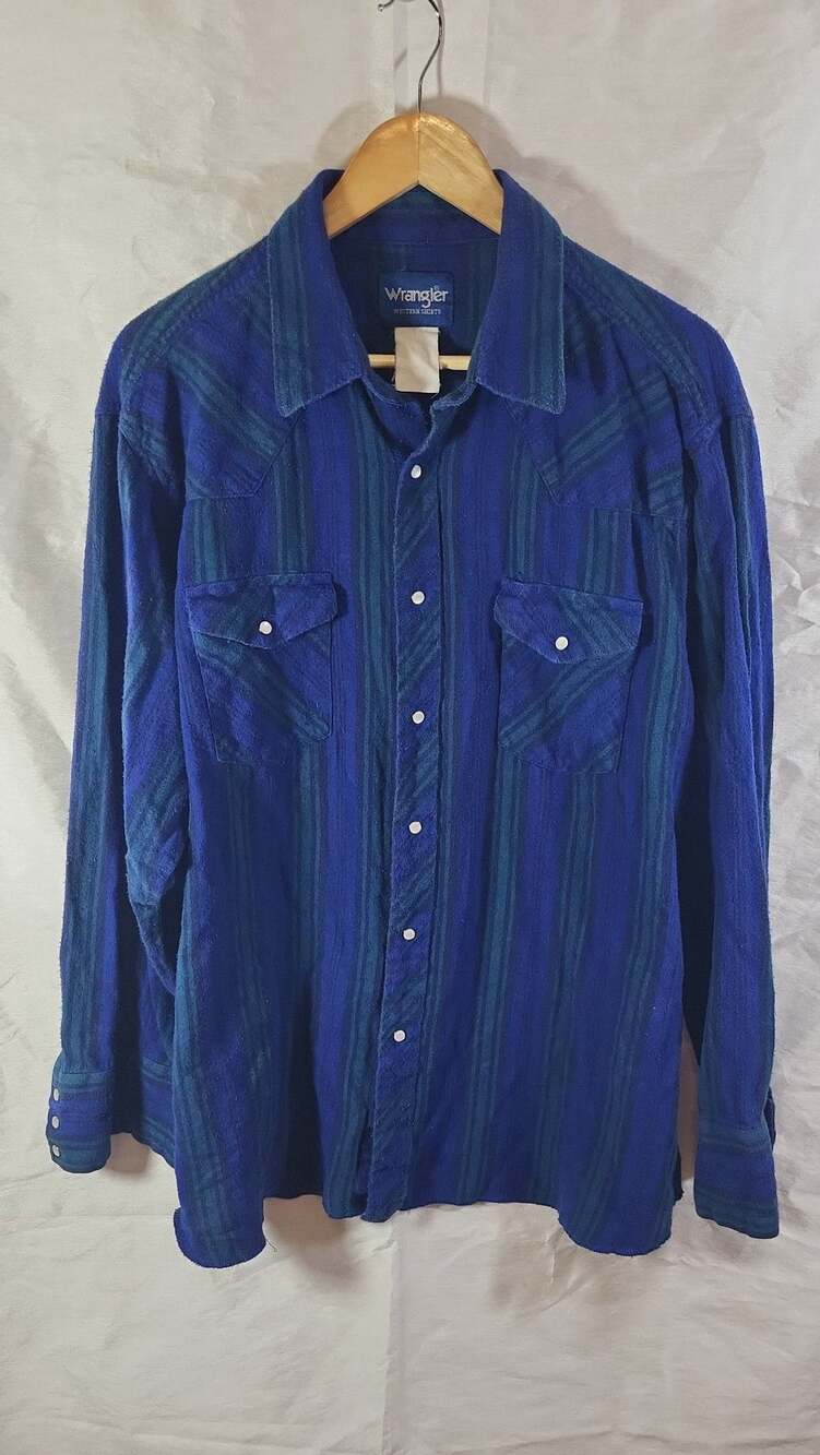 Vintage Wrangler Western Shirt Blue Vertical Stripe Pearl Snap Flannel